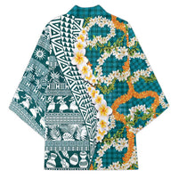 Hawaiian Plumeria Lei Kimono Kakau Motifs and Palaka Half Style Turquoise Color - Polynesian Pride