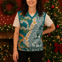 Hawaiian Plumeria Lei Christmas Knitted V-Neck Vest Kakau Motifs and Palaka Half Style Turquoise Color - Polynesian Pride