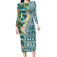 Hawaiian Plumeria Lei Long Sleeve Bodycon Dress Kakau Motifs and Palaka Half Style Turquoise Color - Polynesian Pride