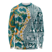 Hawaiian Plumeria Lei Long Sleeve Shirt Kakau Motifs and Palaka Half Style Turquoise Color - Polynesian Pride