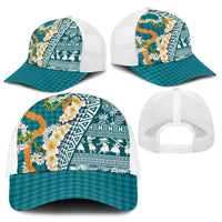 Hawaiian Plumeria Lei Mesh Trucker Cap Kakau Motifs and Palaka Half Style Turquoise Color - Polynesian Pride