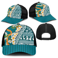 Hawaiian Plumeria Lei Mesh Trucker Cap Kakau Motifs and Palaka Half Style Turquoise Color - Polynesian Pride