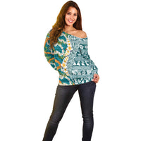 Hawaiian Plumeria Lei Off Shoulder Sweater Kakau Motifs and Palaka Half Style Turquoise Color - Polynesian Pride