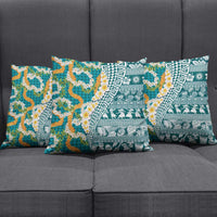 Hawaiian Plumeria Lei Pillow Cover Kakau Motifs and Palaka Half Style Turquoise Color - Polynesian Pride