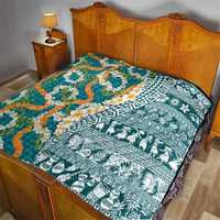 Hawaiian Plumeria Lei Quilt Kakau Motifs and Palaka Half Style Turquoise Color - Polynesian Pride