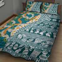Hawaiian Plumeria Lei Quilt Bed Set Kakau Motifs and Palaka Half Style Turquoise Color - Polynesian Pride