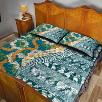 Hawaiian Plumeria Lei Quilt Bed Set Kakau Motifs and Palaka Half Style Turquoise Color - Polynesian Pride