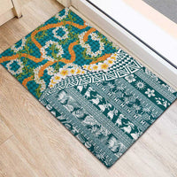 Hawaiian Plumeria Lei Rubber Doormat Kakau Motifs and Palaka Half Style Turquoise Color LT03 - Polynesian Pride