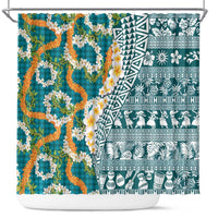 Hawaiian Plumeria Lei Shower Curtain Kakau Motifs and Palaka Half Style Turquoise Color - Polynesian Pride