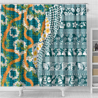 Hawaiian Plumeria Lei Shower Curtain Kakau Motifs and Palaka Half Style Turquoise Color - Polynesian Pride