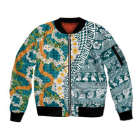Hawaiian Plumeria Lei Sleeve Zip Bomber Jacket Kakau Motifs and Palaka Half Style Turquoise Color - Polynesian Pride
