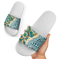 Hawaiian Plumeria Lei Slide Sandals Kakau Motifs and Palaka Half Style Turquoise Color - Polynesian Pride