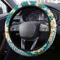 Hawaiian Plumeria Lei Steering Wheel Cover Kakau Motifs and Palaka Half Style Turquoise Color - Polynesian Pride