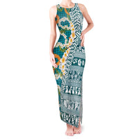 Hawaiian Plumeria Lei Tank Maxi Dress Kakau Motifs and Palaka Half Style Turquoise Color - Polynesian Pride