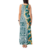 Hawaiian Plumeria Lei Tank Maxi Dress Kakau Motifs and Palaka Half Style Turquoise Color - Polynesian Pride