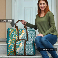 Hawaiian Plumeria Lei Travel Bag Kakau Motifs and Palaka Half Style Turquoise Color - Polynesian Pride