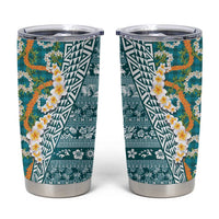 Hawaiian Plumeria Lei Tumbler Cup Kakau Motifs and Palaka Half Style Turquoise Color - Polynesian Pride