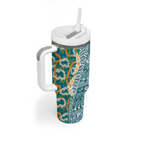 Hawaiian Plumeria Lei Tumbler With Handle Kakau Motifs and Palaka Half Style Turquoise Color - Polynesian Pride