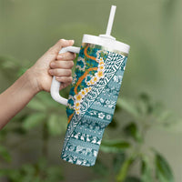 Hawaiian Plumeria Lei Tumbler With Handle Kakau Motifs and Palaka Half Style Turquoise Color - Polynesian Pride