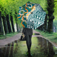 Hawaiian Plumeria Lei Umbrella Kakau Motifs and Palaka Half Style Turquoise Color LT03 - Polynesian Pride