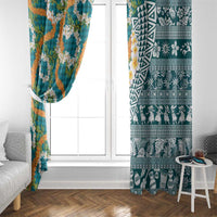 Hawaiian Plumeria Lei Window Curtain Kakau Motifs and Palaka Half Style Turquoise Color - Polynesian Pride