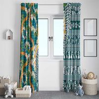 Hawaiian Plumeria Lei Window Curtain Kakau Motifs and Palaka Half Style Turquoise Color - Polynesian Pride
