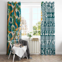 Hawaiian Plumeria Lei Window Curtain Kakau Motifs and Palaka Half Style Turquoise Color - Polynesian Pride