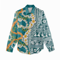 Hawaiian Plumeria Lei Women Casual Shirt Kakau Motifs and Palaka Half Style Turquoise Color - Polynesian Pride