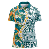 Hawaiian Plumeria Lei Women Polo Shirt Kakau Motifs and Palaka Half Style Turquoise Color - Polynesian Pride