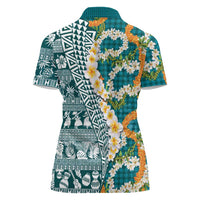 Hawaiian Plumeria Lei Women Polo Shirt Kakau Motifs and Palaka Half Style Turquoise Color - Polynesian Pride