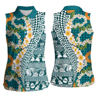 Hawaiian Plumeria Lei Women Sleeveless Polo Shirt Kakau Motifs and Palaka Half Style Turquoise Color - Polynesian Pride