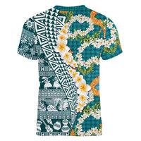 Hawaiian Plumeria Lei Women V-Neck T-Shirt Kakau Motifs and Palaka Half Style Turquoise Color - Polynesian Pride