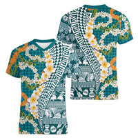 Hawaiian Plumeria Lei Women V-Neck T-Shirt Kakau Motifs and Palaka Half Style Turquoise Color - Polynesian Pride