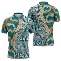 Hawaiian Plumeria Lei Zipper Polo Shirt Kakau Motifs and Palaka Half Style Turquoise Color - Polynesian Pride