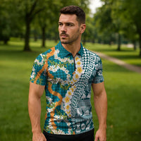 Hawaiian Plumeria Lei Zipper Polo Shirt Kakau Motifs and Palaka Half Style Turquoise Color - Polynesian Pride