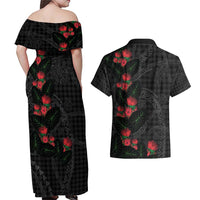 Hawaiian Kakau Art Couples Matching Off Shoulder Maxi Dress and Hawaiian Shirt Taro Leaves with Ohia Lehua and Pakala Pattern - Polynesian Pride