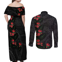 Hawaiian Kakau Art Couples Matching Off Shoulder Maxi Dress and Long Sleeve Button Shirt Taro Leaves with Ohia Lehua and Pakala Pattern - Polynesian Pride