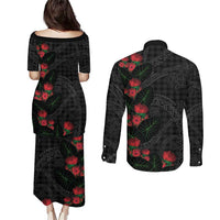 Hawaiian Kakau Art Couples Matching Puletasi and Long Sleeve Button Shirt Taro Leaves with Ohia Lehua and Pakala Pattern - Polynesian Pride