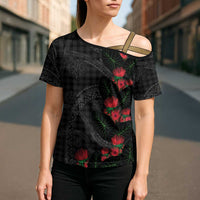 Hawaiian Kakau Art Cross Shoulder Shirt Taro Leaves with Ohia Lehua and Pakala Pattern LT03 - Polynesian Pride