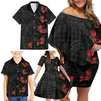 Hawaiian Kakau Art Family Matching Off Shoulder Short Dress and Hawaiian Shirt Taro Leaves with Ohia Lehua and Pakala Pattern - Polynesian Pride