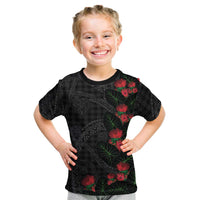 Hawaiian Kakau Art Kid T Shirt Taro Leaves with Ohia Lehua and Pakala Pattern LT03 Black - Polynesian Pride
