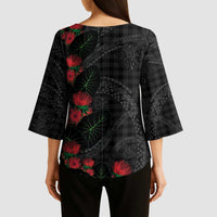 Hawaiian Kakau Art Kimono Sleeve Blouse Taro Leaves with Ohia Lehua and Pakala Pattern - Polynesian Pride