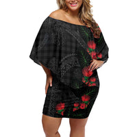 Hawaiian Kakau Art Off Shoulder Short Dress Taro Leaves with Ohia Lehua and Pakala Pattern - Polynesian Pride