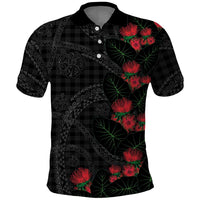 Hawaiian Kakau Art Polo Shirt Taro Leaves with Ohia Lehua and Pakala Pattern LT03 Black - Polynesian Pride