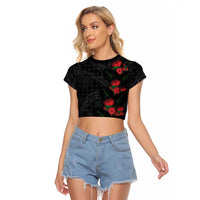Hawaiian Kakau Art Raglan Cropped T Shirt Taro Leaves with Ohia Lehua and Pakala Pattern LT03 Female Black - Polynesian Pride