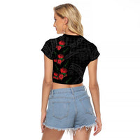 Hawaiian Kakau Art Raglan Cropped T Shirt Taro Leaves with Ohia Lehua and Pakala Pattern LT03 - Polynesian Pride