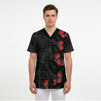 Hawaiian Kakau Art Scrub Top Taro Leaves with Ohia Lehua and Pakala Pattern - Polynesian Pride