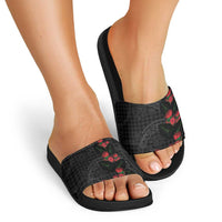 Hawaiian Kakau Art Slide Sandals Taro Leaves with Ohia Lehua and Pakala Pattern - Polynesian Pride