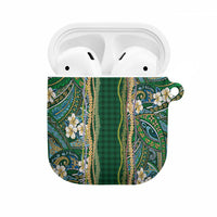 Hawaiian Art Flower Tribal with Lei AirPods Case Palaka Pattern Green Color - Polynesian Pride