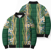 Hawaiian Art Flower Tribal with Lei Bomber Puffer Jacket Palaka Pattern Green Color LT03 - Polynesian Pride